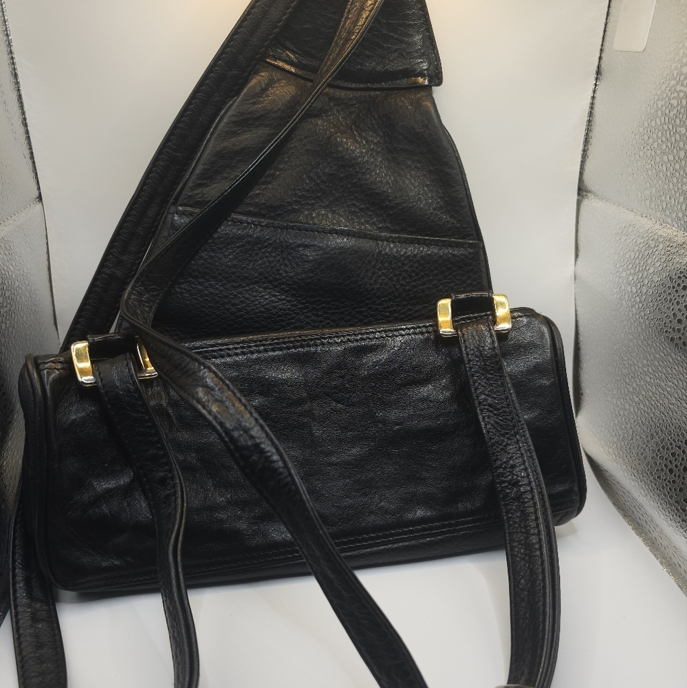 Vintage Rare HCL Germany Triangle Backpack Made In Italy Black Leather EUC!